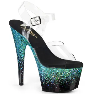 Adore-708SS Clear/Black-Turquoise Multi Glitter, 7" Heel