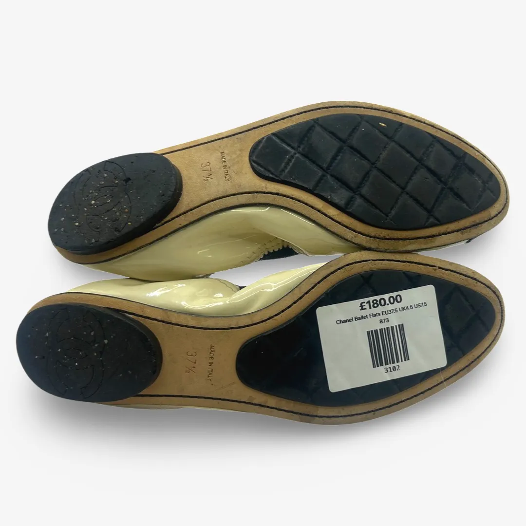 Chanel Women's Ecru And Black Patent Leather Ballet Flats