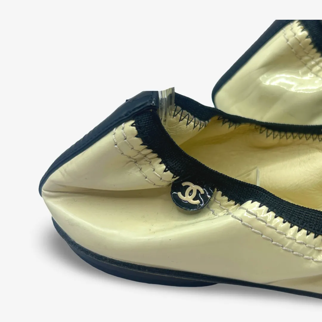 Chanel Women's Ecru And Black Patent Leather Ballet Flats