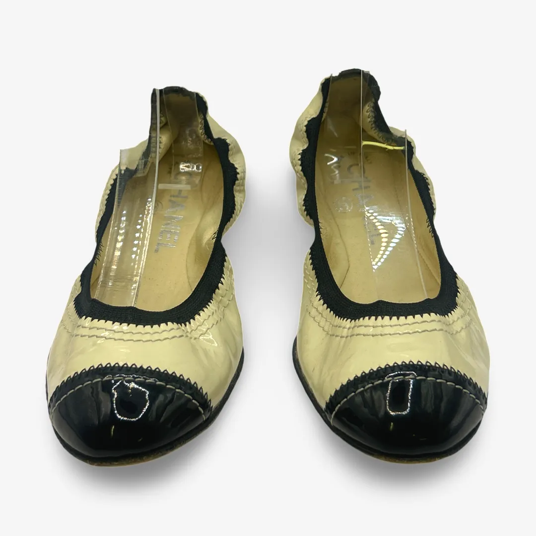 Chanel Women's Ecru And Black Patent Leather Ballet Flats