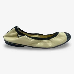 Chanel Women's Ecru And Black Patent Leather Ballet Flats