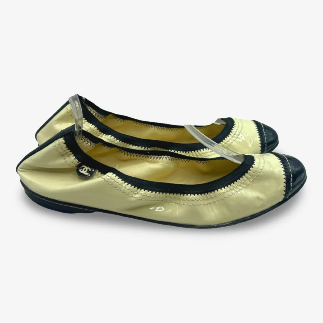 Chanel Women's Ecru And Black Patent Leather Ballet Flats