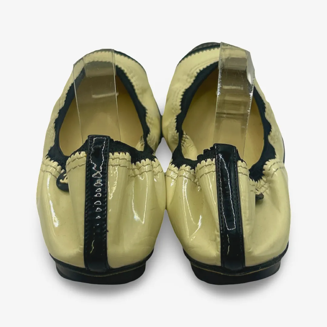 Chanel Women's Ecru And Black Patent Leather Ballet Flats