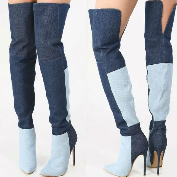 Color Block Denim Stiletto High Heel Over the Knee Boots