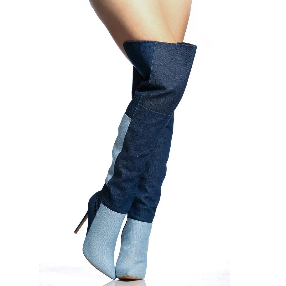 Color Block Denim Stiletto High Heel Over the Knee Boots