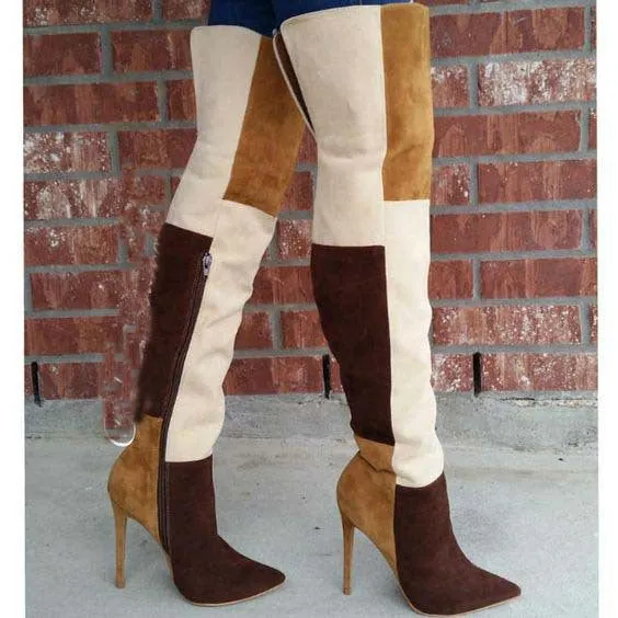 Color Block Denim Stiletto High Heel Over the Knee Boots