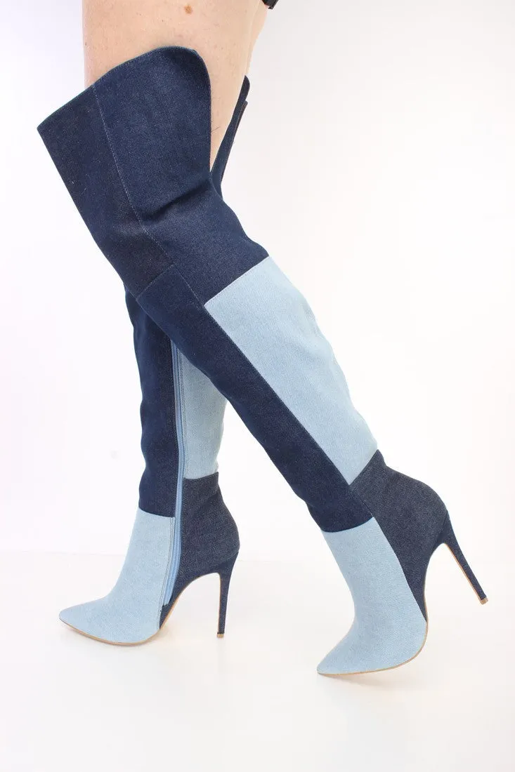 Color Block Denim Stiletto High Heel Over the Knee Boots