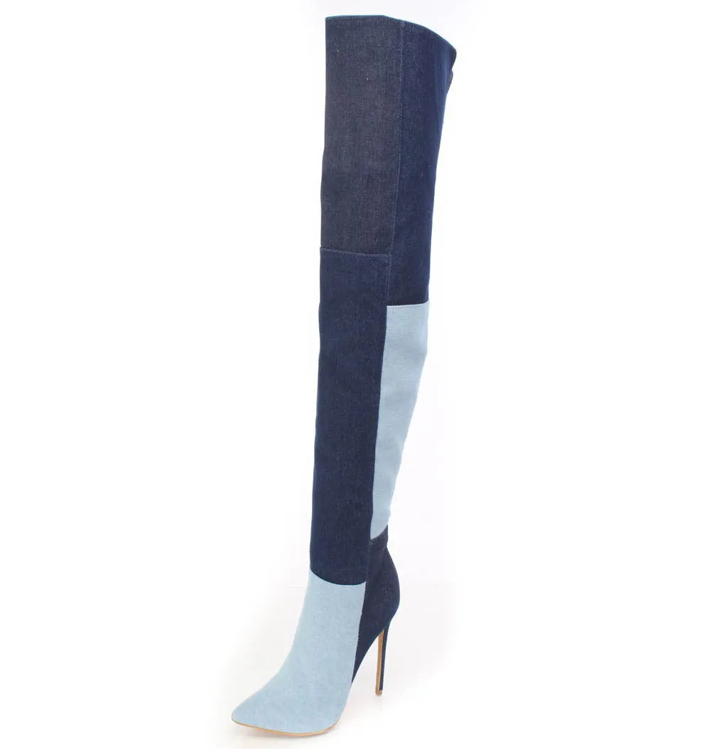 Color Block Denim Stiletto High Heel Over the Knee Boots