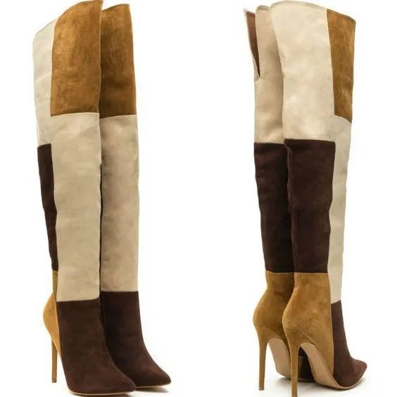 Color Block Denim Stiletto High Heel Over the Knee Boots