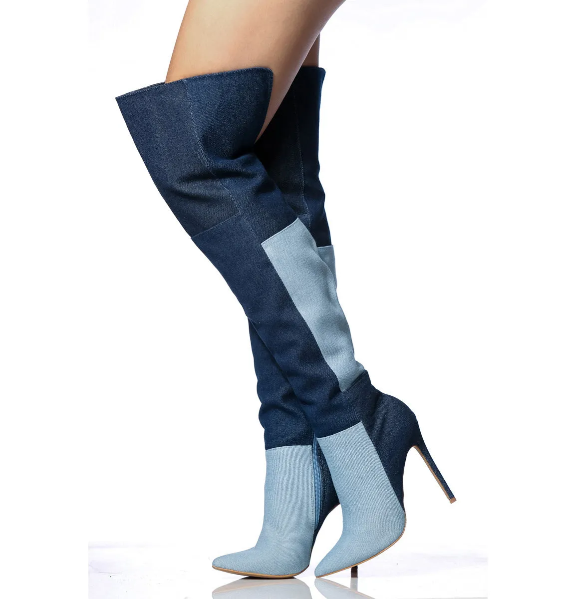 Color Block Denim Stiletto High Heel Over the Knee Boots
