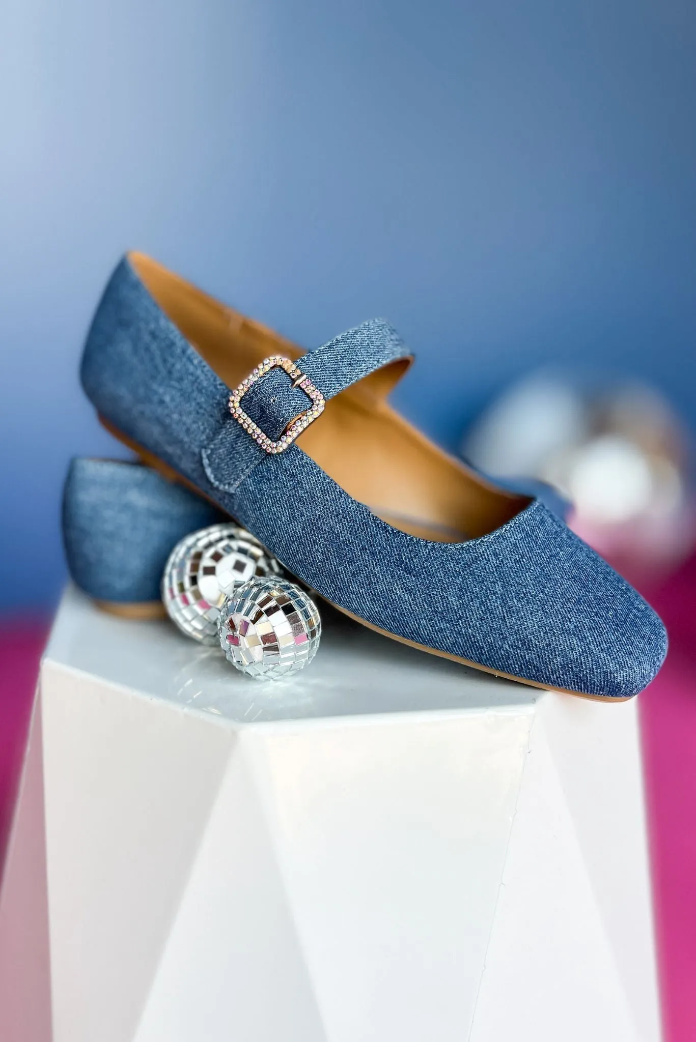 Denim Blue Rhinestone Buckle Ballet Flat Shoes *FINAL SALE*