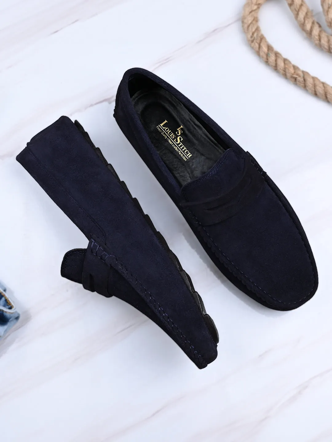 Federal Blue Handmade Italian Suede Leather Solid Penny Loafers