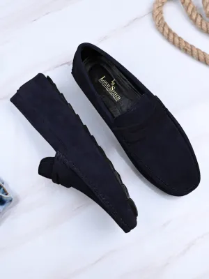 Federal Blue Handmade Italian Suede Leather Solid Penny Loafers