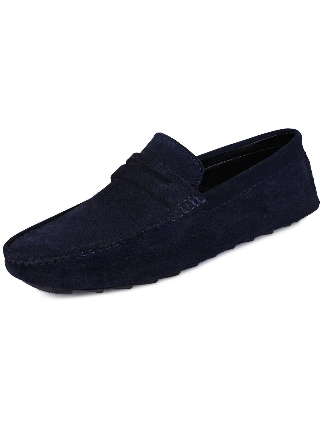 Federal Blue Handmade Italian Suede Leather Solid Penny Loafers
