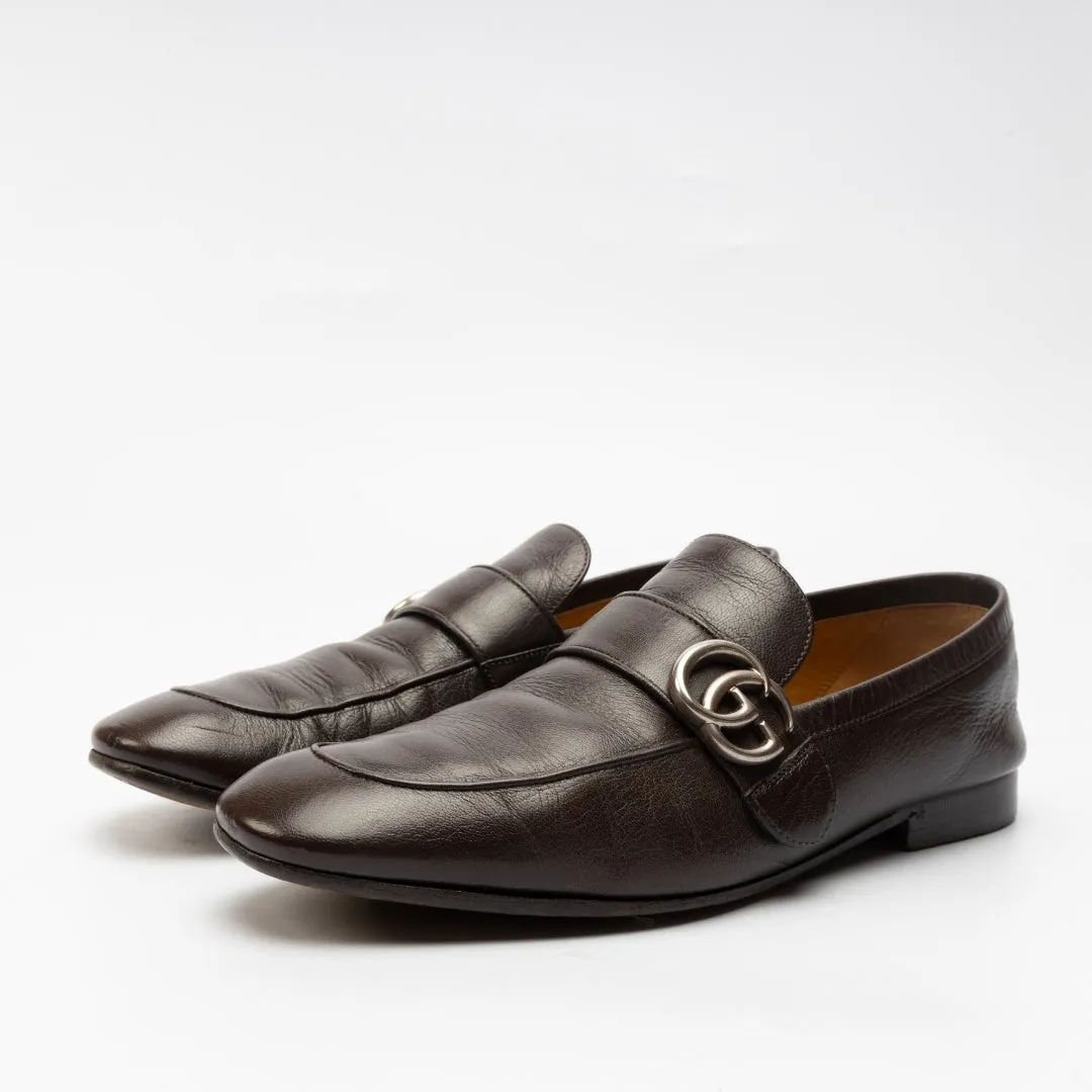 Gucci Brown Leather GG Logo Slip On Loafers