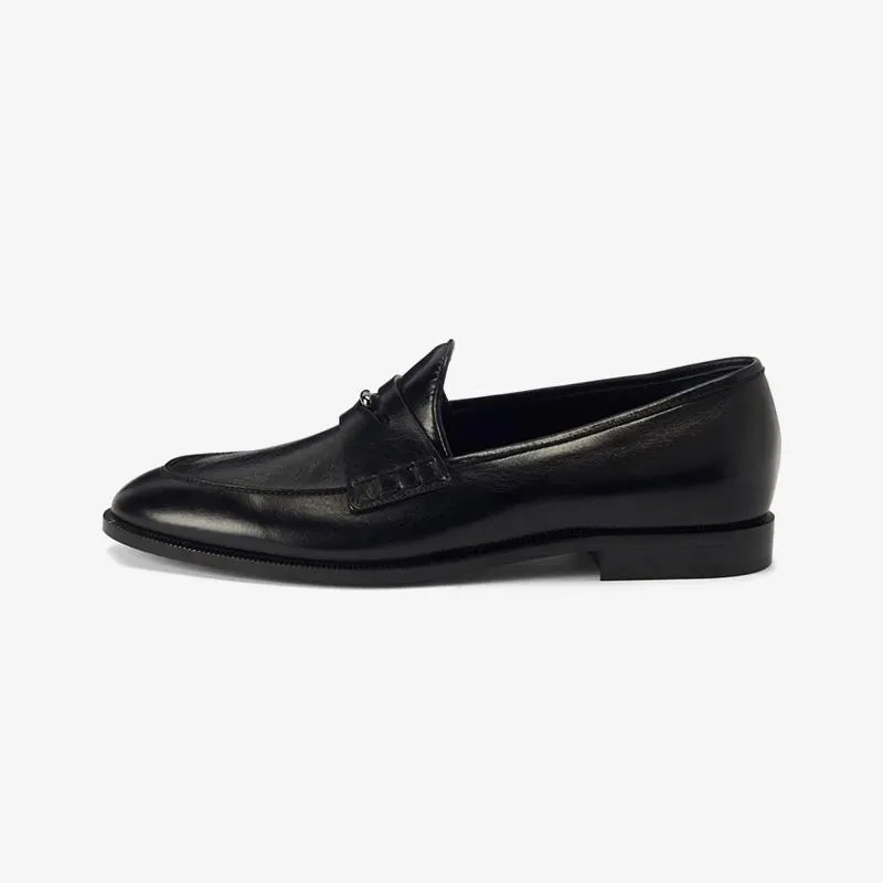 Jet Black Penny-Slot Leather Loafers