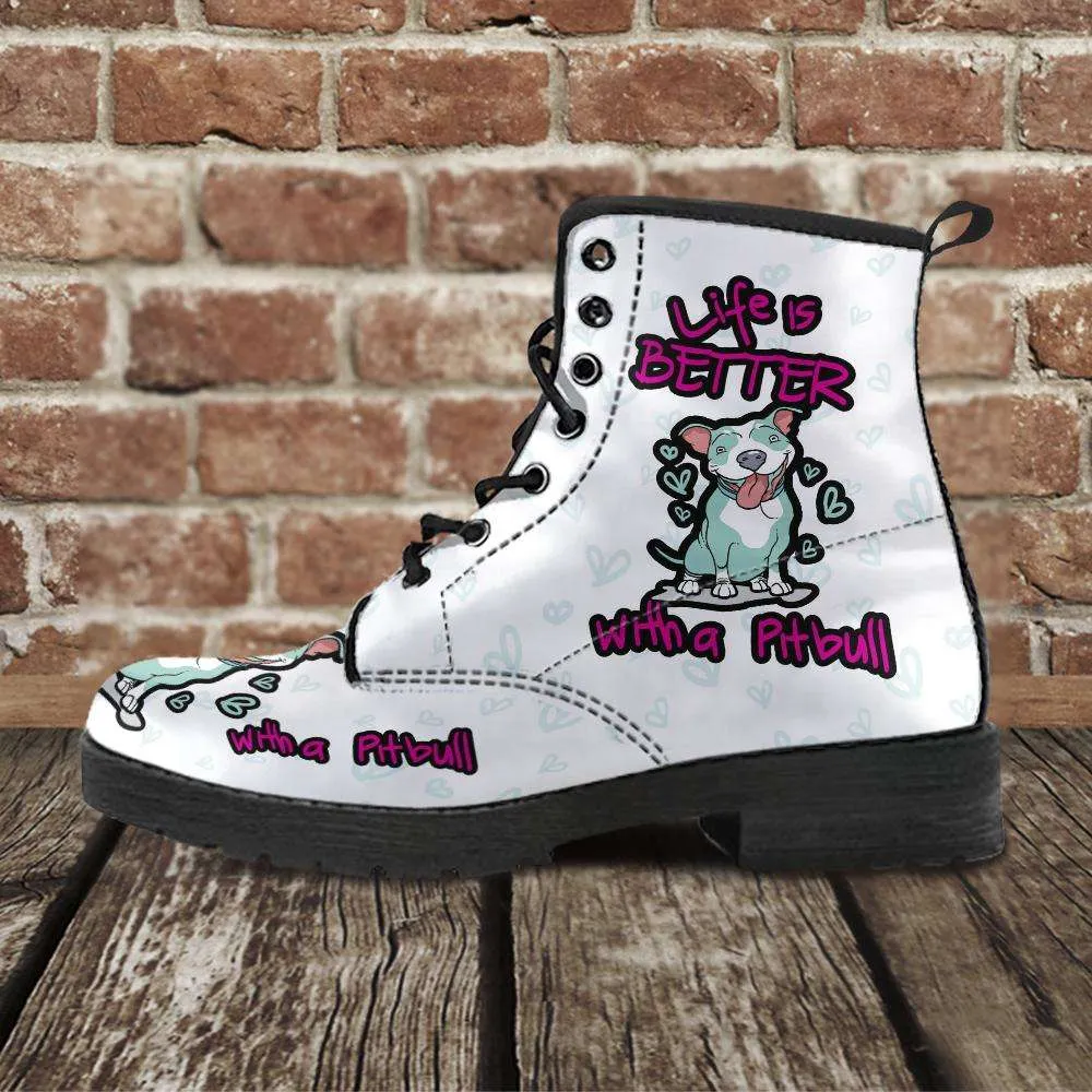 Life is Better with a Pitbull Faux-Leather Ankle Boots - White