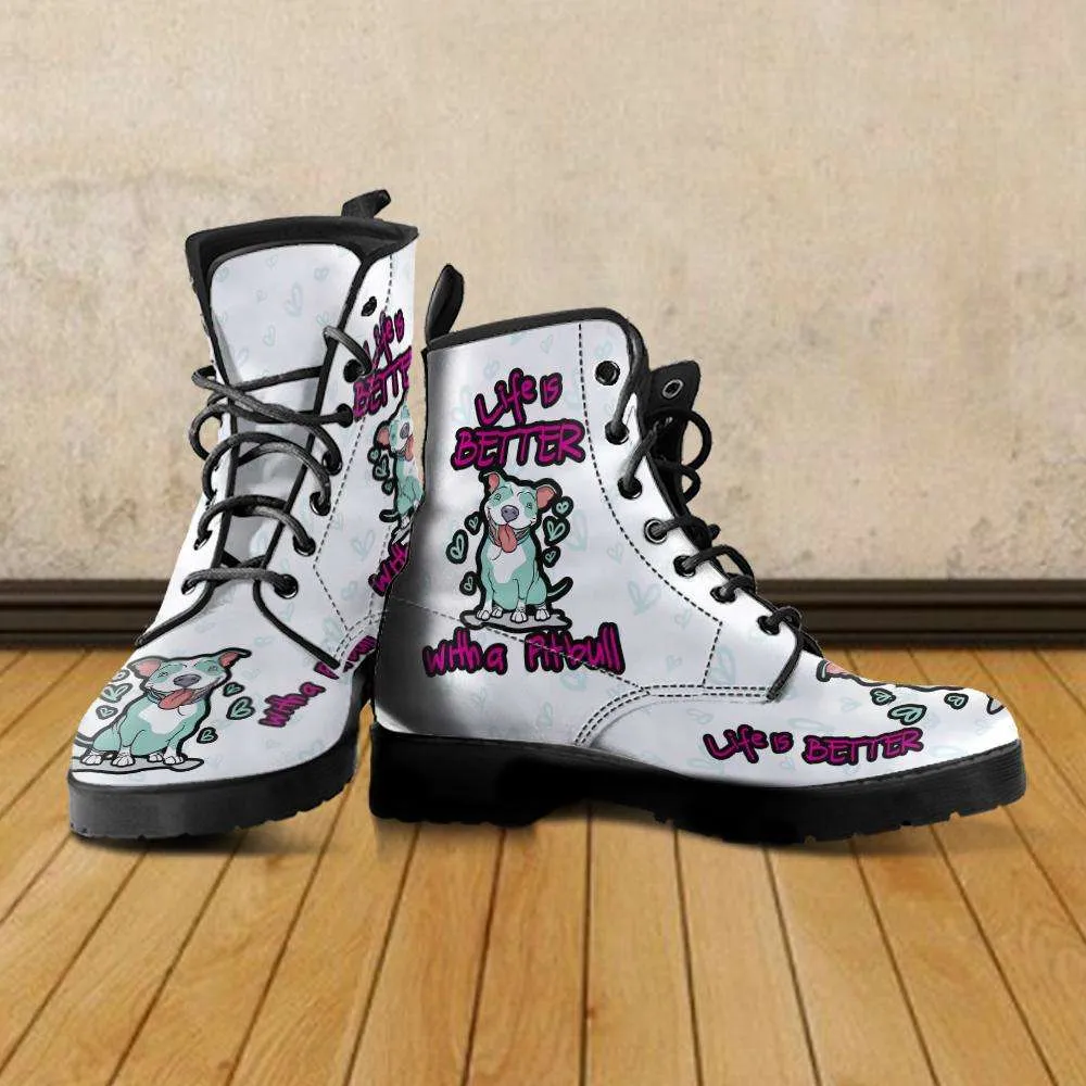 Life is Better with a Pitbull Faux-Leather Ankle Boots - White