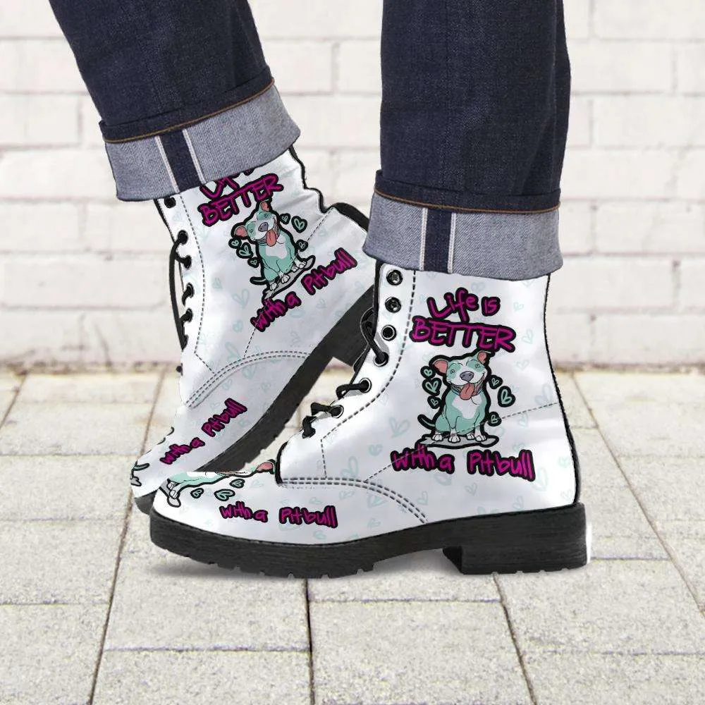 Life is Better with a Pitbull Faux-Leather Ankle Boots - White
