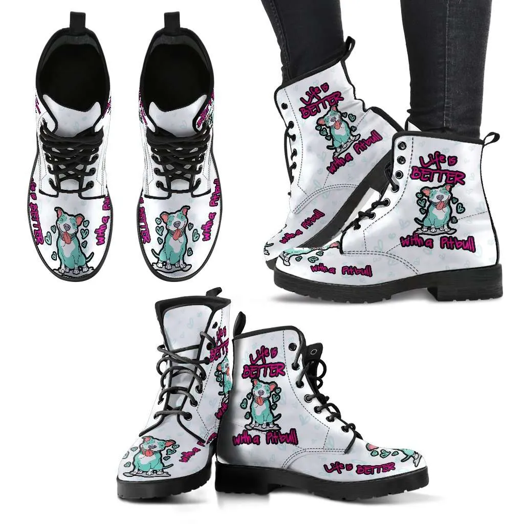 Life is Better with a Pitbull Faux-Leather Ankle Boots - White