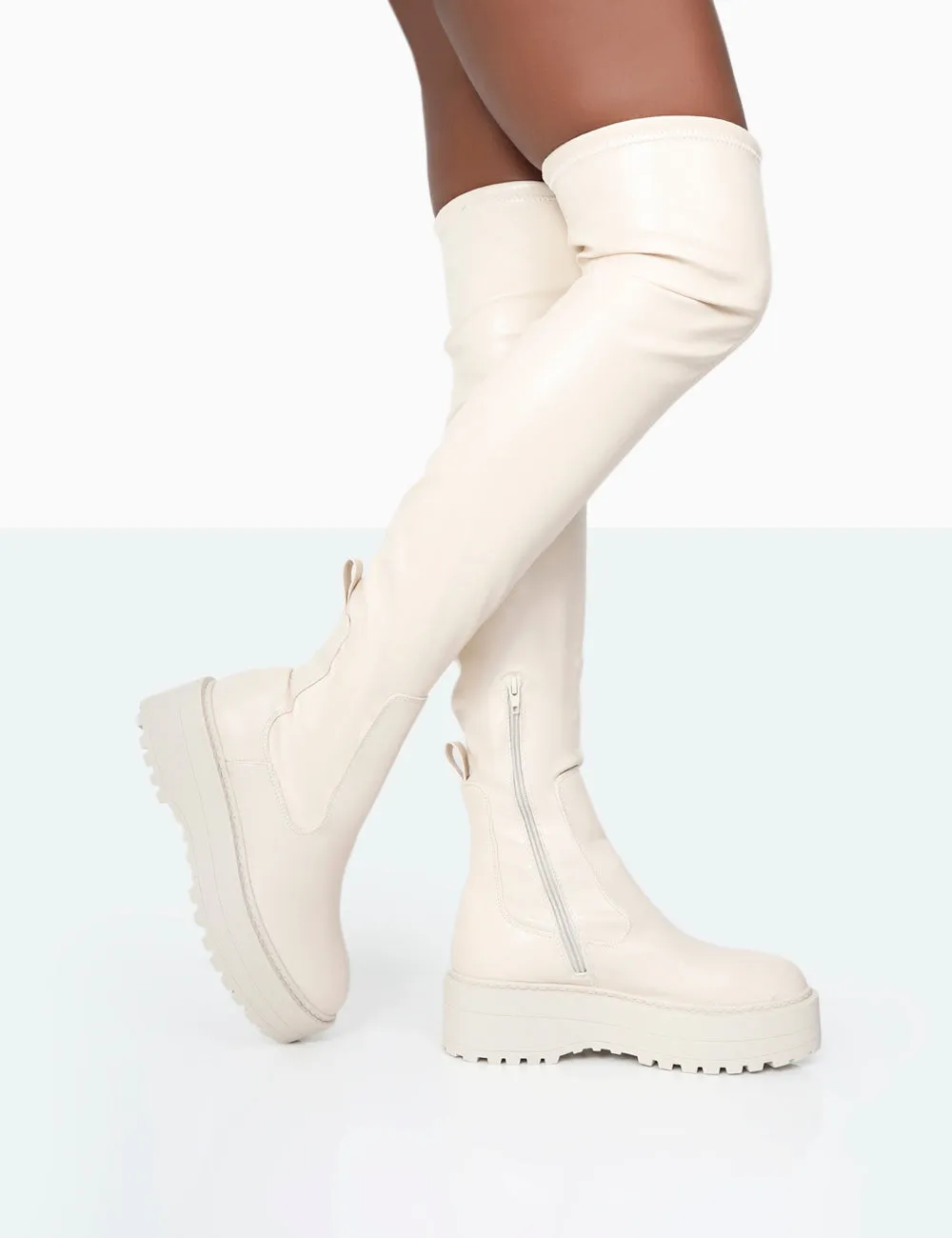 Pheonixe Ecru Pu Chunky Sole Round Toe Over The Knee Boots