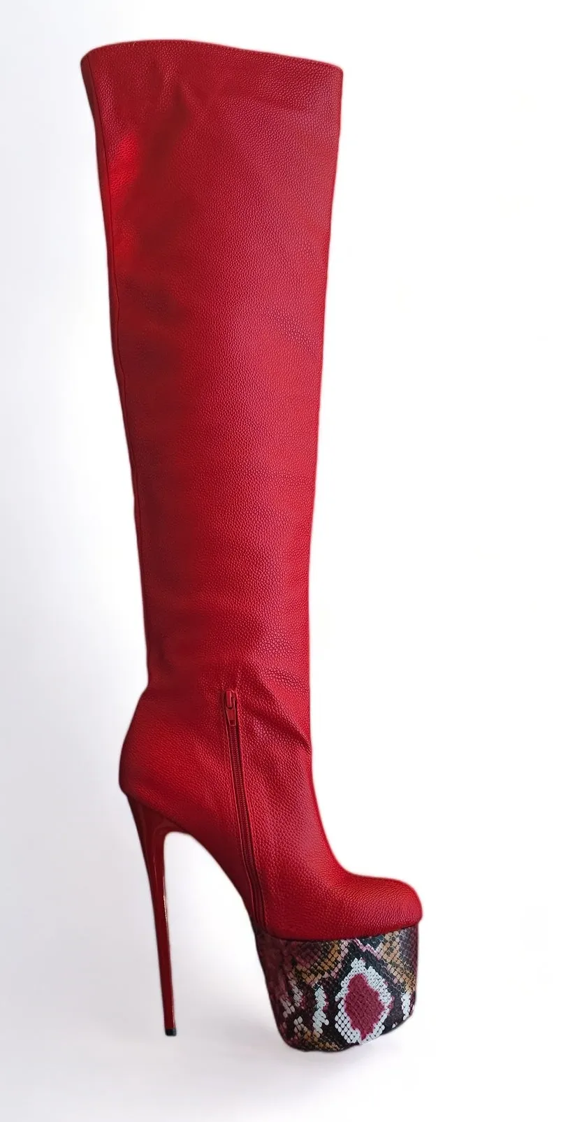 Red Knee High Snake Print Detailed High Heel Boots