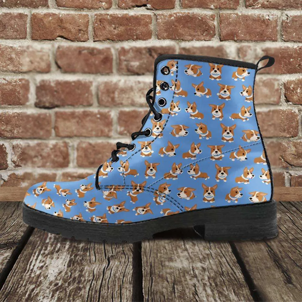Vegan Leather Boots - Corgies Print
