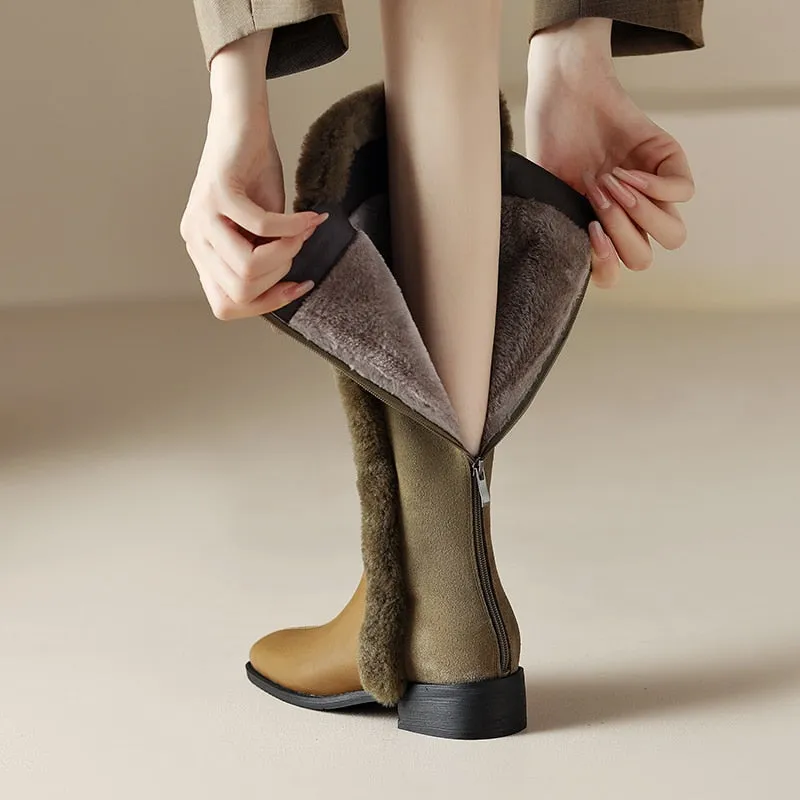 Women Knee High Full Cow Leather Winter Fur Warm Boots
