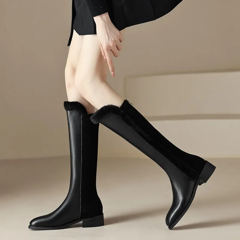 Women Knee High Full Cow Leather Winter Fur Warm Boots