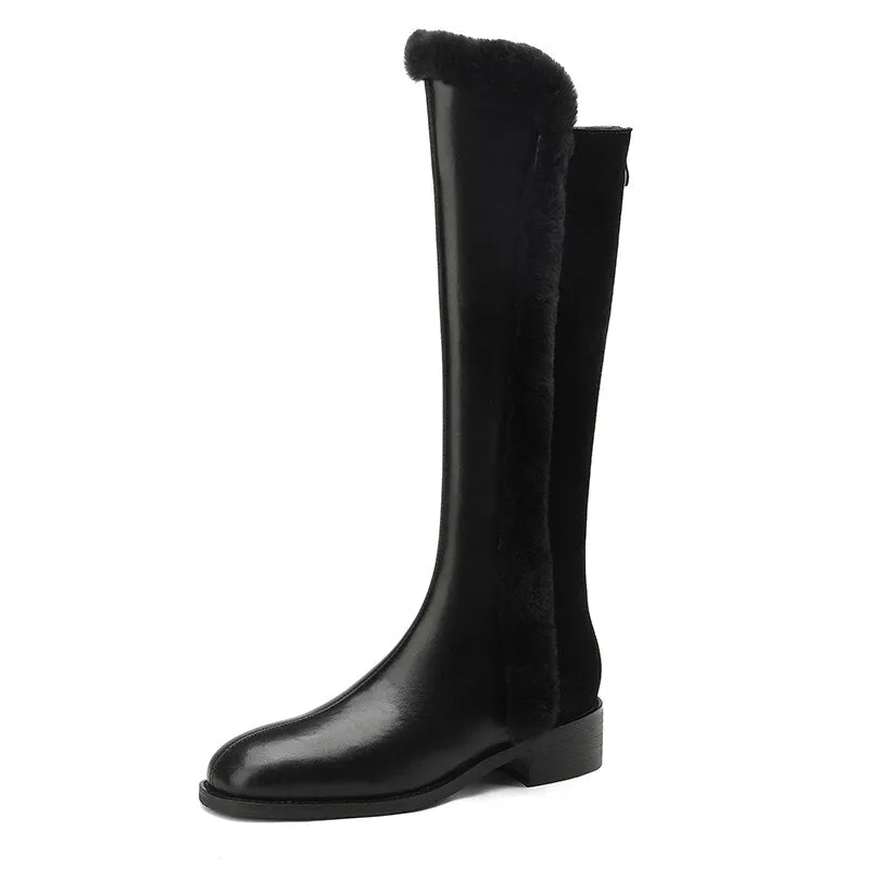 Women Knee High Full Cow Leather Winter Fur Warm Boots