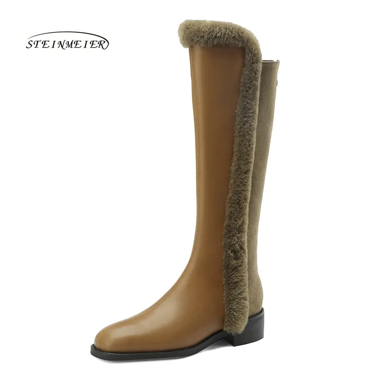 Women Knee High Full Cow Leather Winter Fur Warm Boots