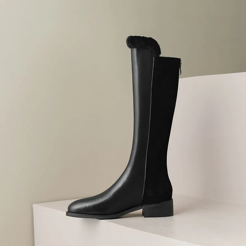 Women Knee High Full Cow Leather Winter Fur Warm Boots