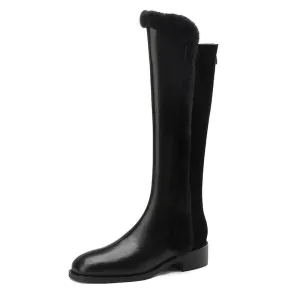 Women Knee High Full Cow Leather Winter Fur Warm Boots