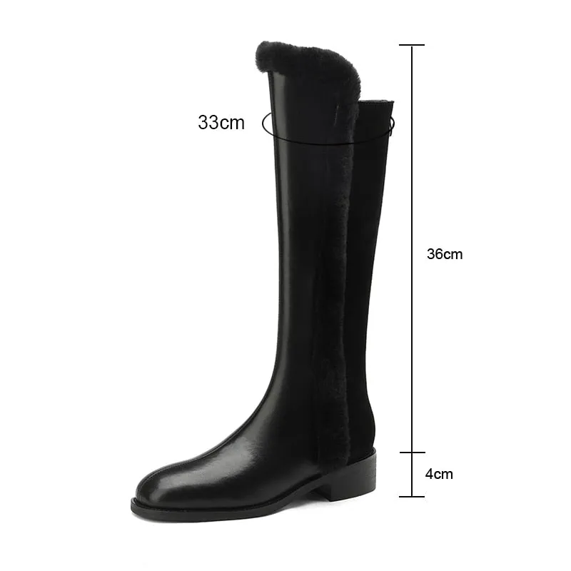 Women Knee High Full Cow Leather Winter Fur Warm Boots