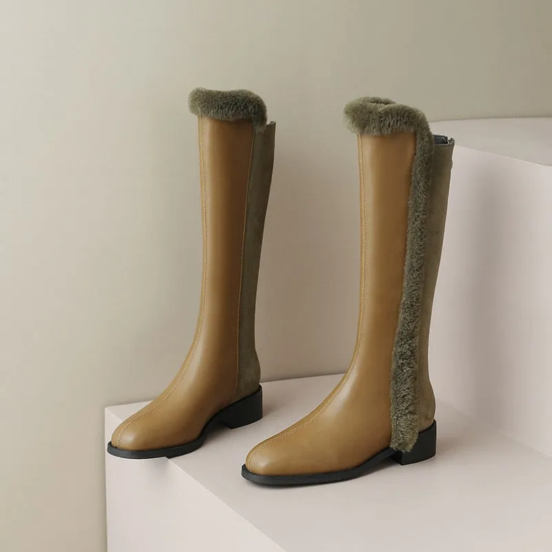 Women Knee High Full Cow Leather Winter Fur Warm Boots
