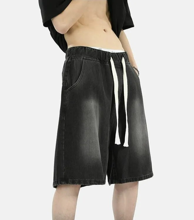 Zipper Detail Knee-Length Faded Denim Shorts