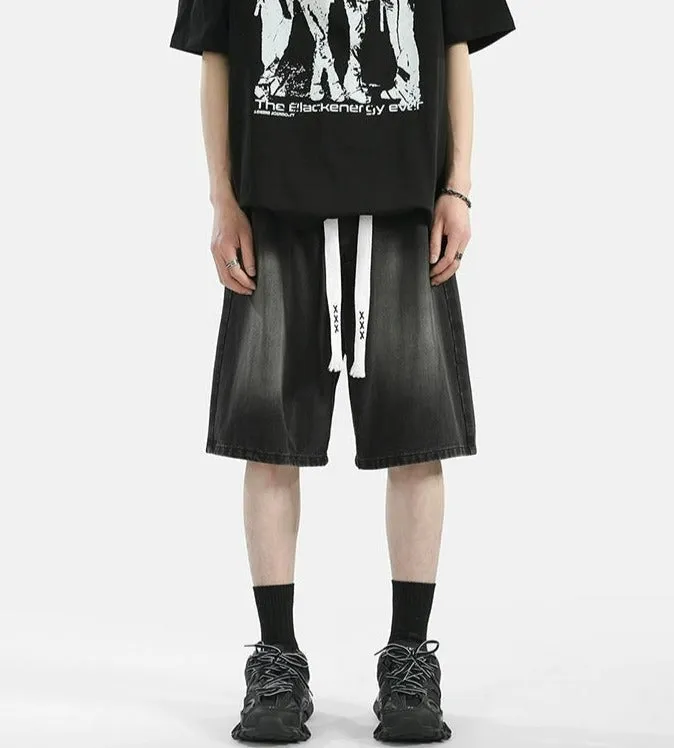 Zipper Detail Knee-Length Faded Denim Shorts
