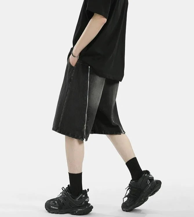 Zipper Detail Knee-Length Faded Denim Shorts