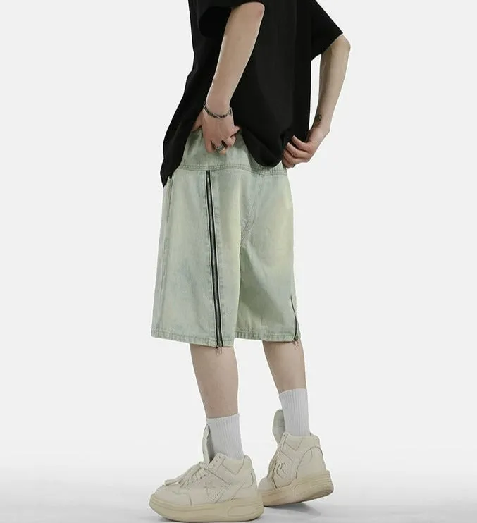 Zipper Detail Knee-Length Faded Denim Shorts