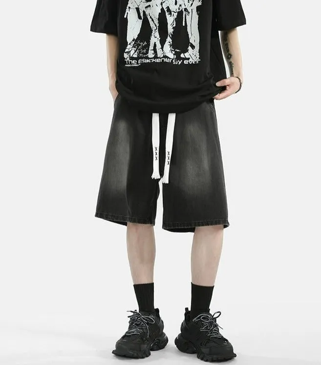 Zipper Detail Knee-Length Faded Denim Shorts