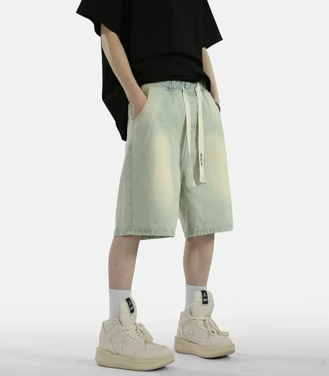 Zipper Detail Knee-Length Faded Denim Shorts