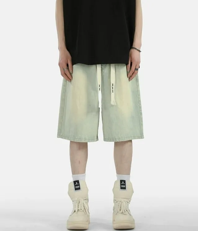Zipper Detail Knee-Length Faded Denim Shorts
