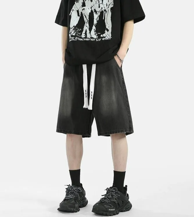 Zipper Detail Knee-Length Faded Denim Shorts